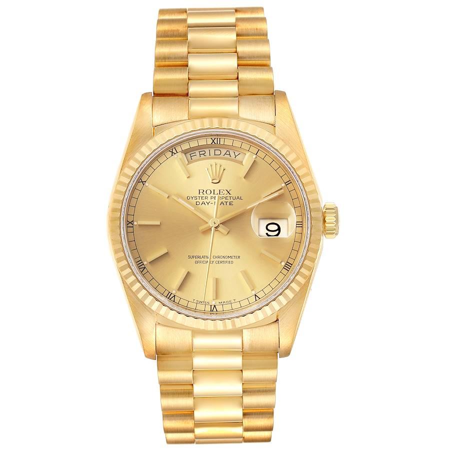Rolex President Day Date Yellow Gold Diamond Mens Watch 18238. Officially certified chronometer self-winding movement. 18k yellow gold oyster case 36.0 mm in diameter. Rolex logo on a crown. 18K yellow gold fluted bezel. Scratch resistant sapphire