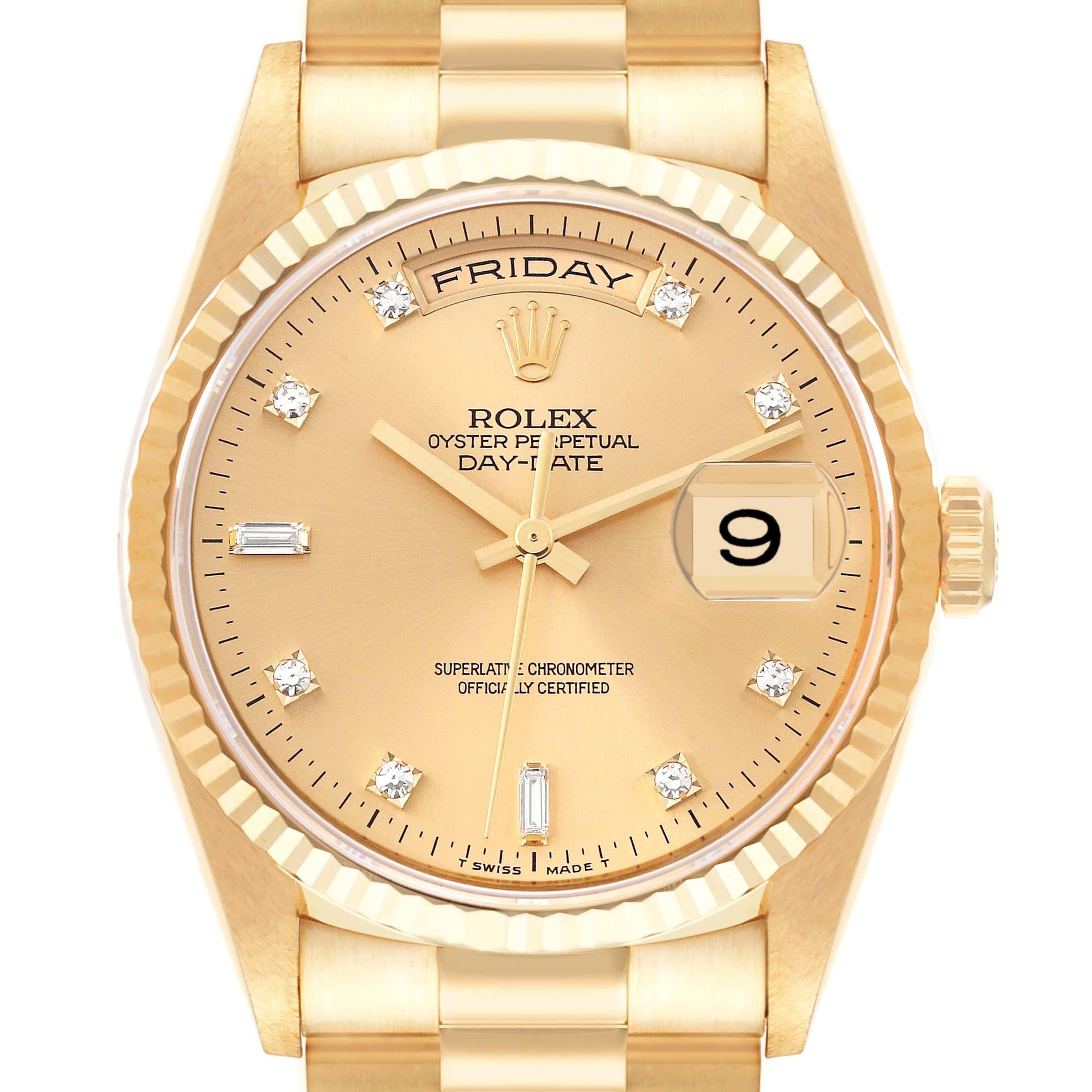 Rolex President Day-Date Yellow Gold Diamond Mens Watch 18238. Officially certified chronometer automatic self-winding movement. 18k yellow gold oyster case 36.0 mm in diameter. Rolex logo on the crown. 18K yellow gold fluted bezel. Scratch