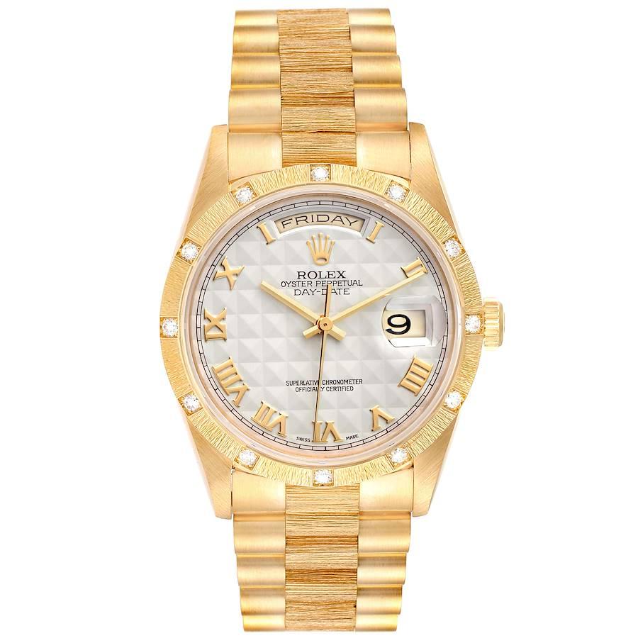 Rolex President Day-Date Yellow Gold Diamond Mens Watch 18308. Officially certified chronometer self-winding movement with quickset date function. 18k yellow gold oyster case 36.0 mm in diameter. Rolex logo on a crown. 18k yellow gold bark finish