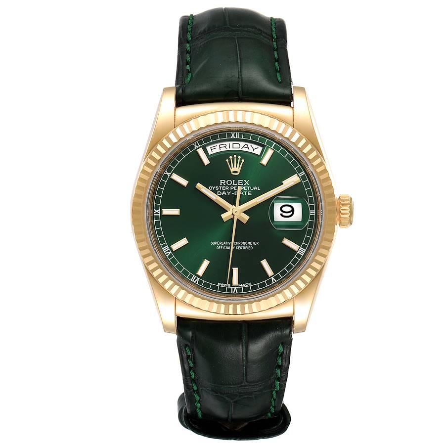 Rolex President Day-Date Yellow Gold Green Dial Mens Watch 118138 Box Card. Officially certified chronometer self-winding movement. 18k yellow gold oyster case 36.0 mm in diameter. Rolex logo on a crown. 18k yellow gold fluted bezel. Scratch