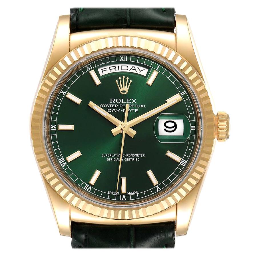 Rolex President Day-Date Yellow Gold Green Dial Mens Watch 118138 Box Card For Sale