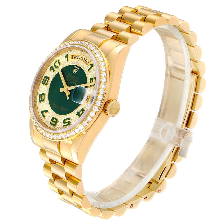 Rolex President Day Date Yellow Gold Green Enamel Diamond ...