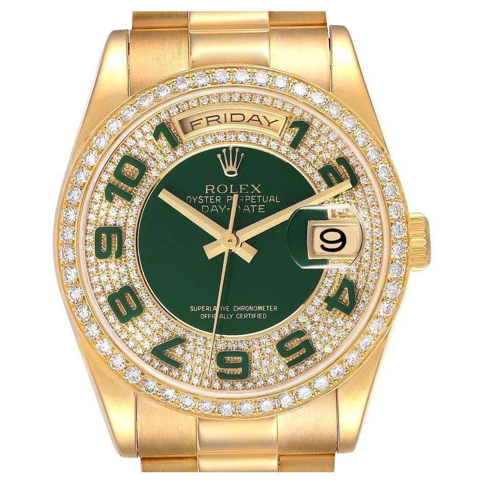 Rolex President Day Date Yellow Gold Green Enamel Diamond Mens Watch 118348 For Sale