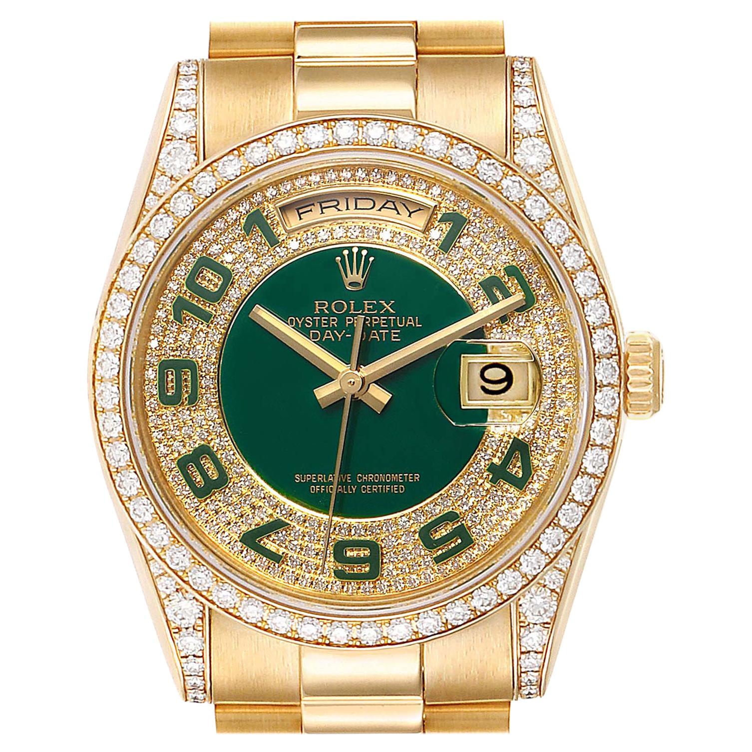 Rolex President Day Date Yellow Gold Green Enamel Diamond Men's Watch 118388