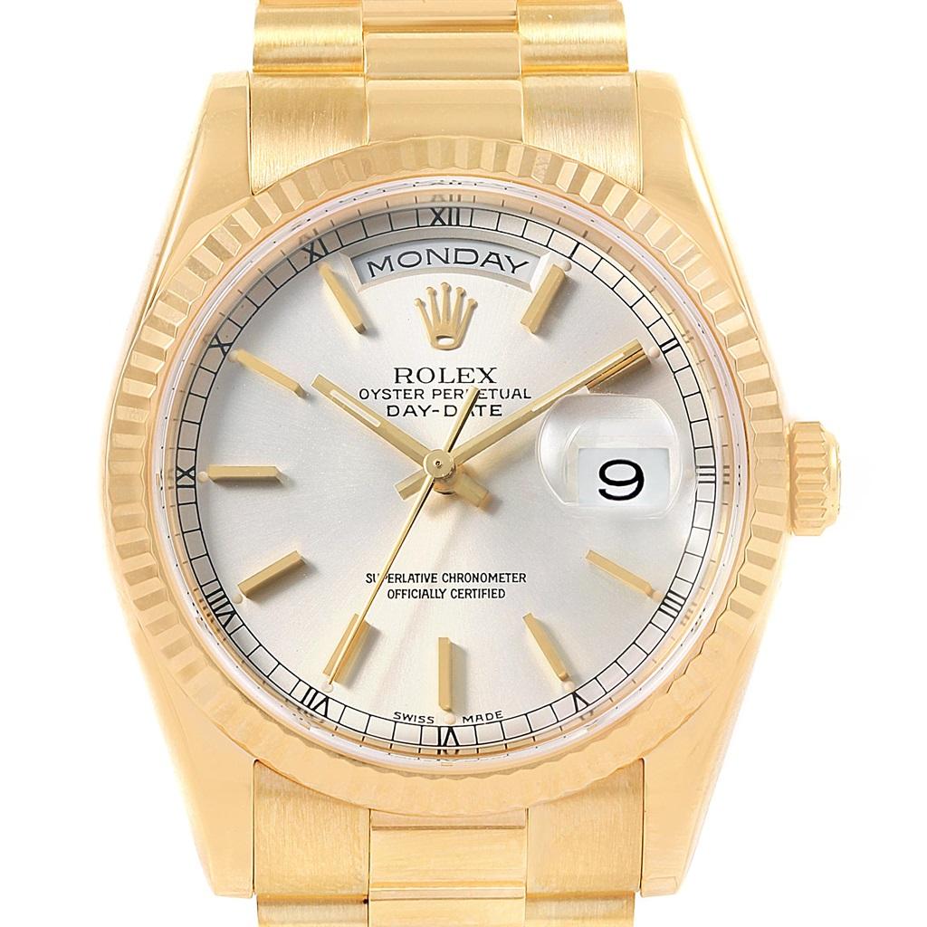 Rolex President Day-Date Yellow Gold Mens Watch 118238 Box Papers. Officially certified chronometer self-winding movement. double quick set function. 18k yellow gold oyster case 36.0 mm in diameter. Rolex logo on a crown. 18K yellow gold fluted