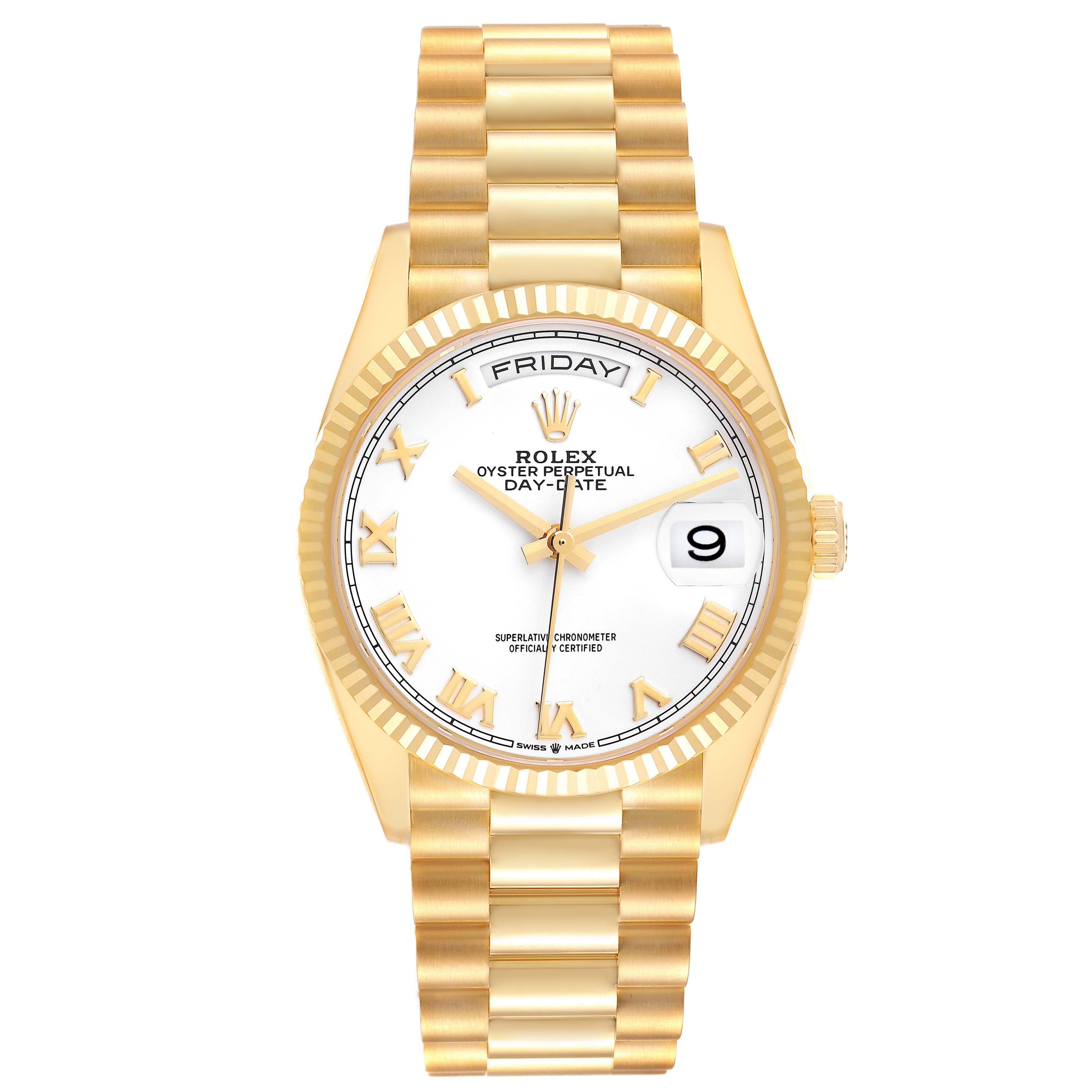 Rolex President Day-Date Yellow Gold Mens Watch 128238 Box Card. Officially certified chronometer automatic self-winding movement. 18k yellow gold oyster case 36.0 mm in diameter. Rolex logo on a crown. 18k yellow gold fluted bezel. Scratch