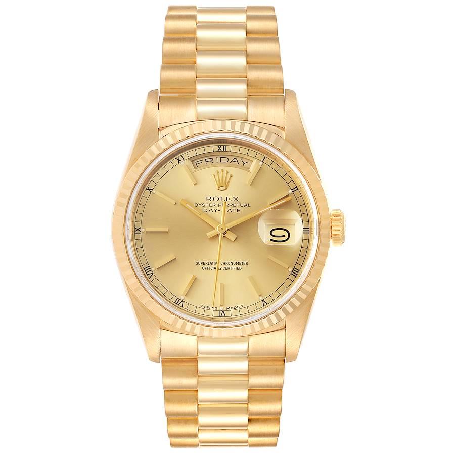 Rolex President Day Date Yellow Gold Mens Watch 18238 Box. Officially certified chronometer self-winding movement. 18k yellow gold oyster case 36.0 mm in diameter. Rolex logo on a crown. 18K yellow gold fluted bezel. Scratch resistant sapphire