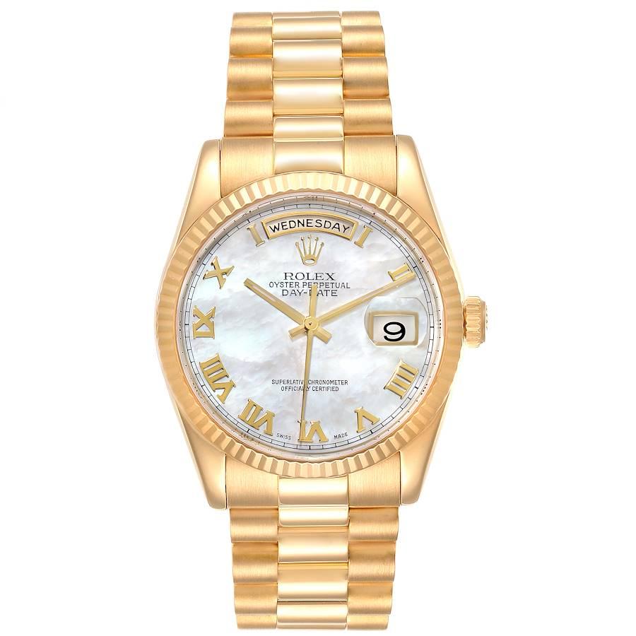 Rolex President Day Date Yellow Gold MOP Dial Mens Watch 118238 Box Papers. Officially certified chronometer self-winding movement. 18k yellow gold oyster case 36.0 mm in diameter. Rolex logo on a crown. 18K yellow gold fluted bezel. Scratch