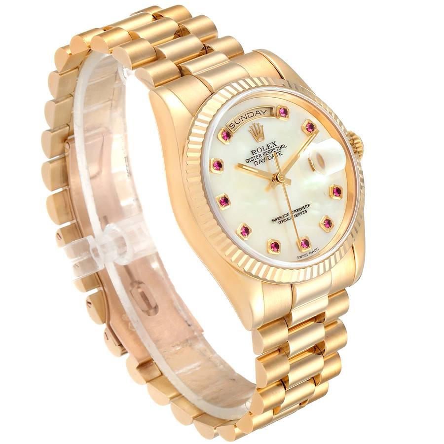 Rolex President Day Date Yellow Gold MOP Rubies Men's Watch 118238 Box Papers In Excellent Condition For Sale In Atlanta, GA