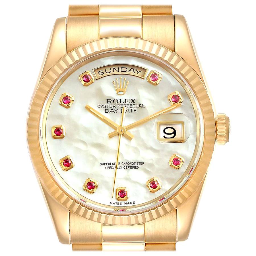 Rolex President Day Date Yellow Gold MOP Rubies Men's Watch 118238 Box Papers For Sale