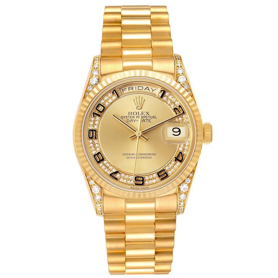 Rolex President Day-Date Yellow Gold Myriad Dial Diamond Lugs Mens Watch 18338. Officially certified chronometer automatic self-winding movement. 18k yellow gold oyster case 36.0 mm in diameter. Rolex logo on the crown. Lugs are set with original