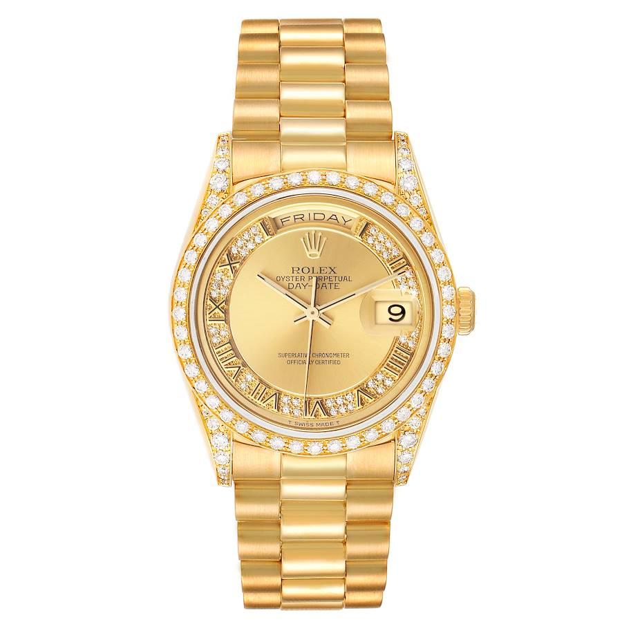 Rolex Präsident Day-Date Gelbgold Myriade Zifferblatt Diamant Lugs Herrenuhr 18388. Offiziell zertifiziertes Chronometer-Automatikwerk mit automatischem Aufzug. Oyster-Gehäuse aus 18 Karat Gelbgold mit einem Durchmesser von 36,0 mm. Original Rolex