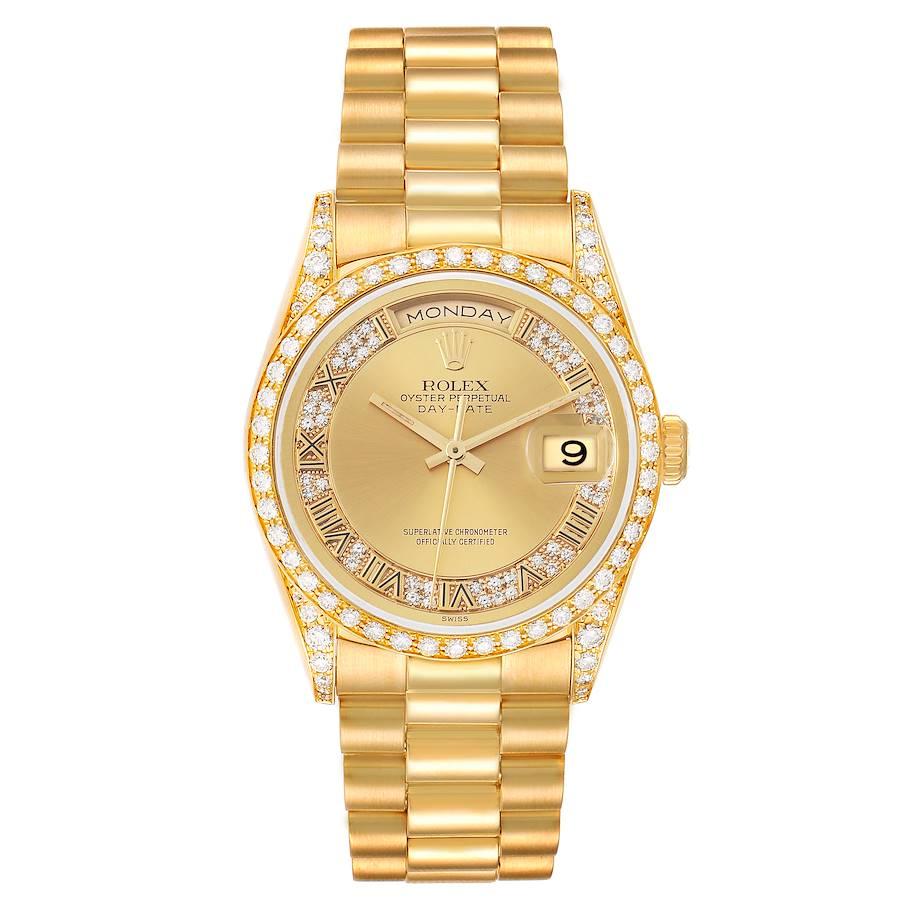 Rolex President Day-Date Yellow Gold Myriad Dial Diamond Lugs Mens Watch 18388. Officially certified chronometer automatic self-winding movement. 18k yellow gold oyster case 36.0 mm in diameter. Original Rolex factory diamond lugs. Rolex logo on the