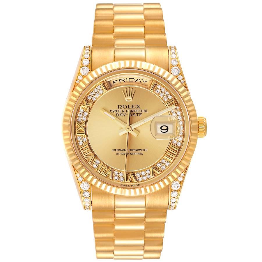 Rolex President Day Date Yellow Gold Myriad Dial Diamond Lugs Watch 118338. Officially certified chronometer self-winding movement. 18k yellow gold oyster case 36.0 mm in diameter. Rolex logo on a crown. Original Rolex factory diamond lugs. 18K
