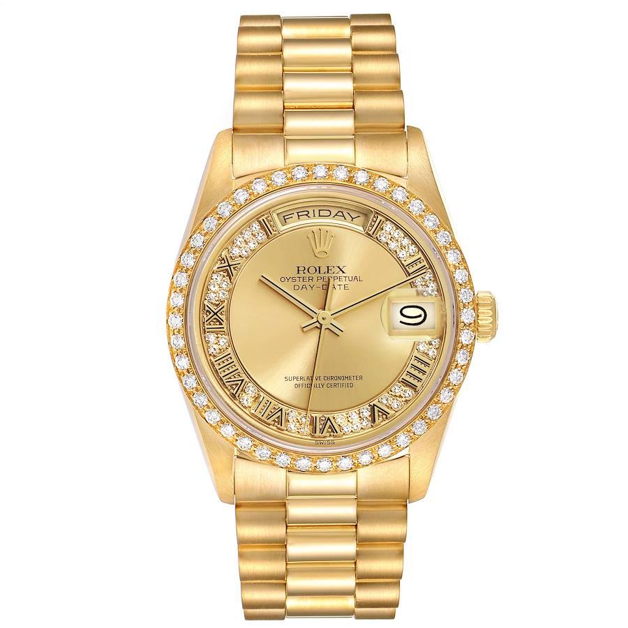 Rolex President Day Date Yellow Gold Myriad Diamond Dial Mens Watch 18348. Officially certified chronometer self-winding movement. 18k yellow gold oyster case 36 mm in diameter. Rolex logo on a crown. Original Rolex 18K yellow gold diamond bezel.