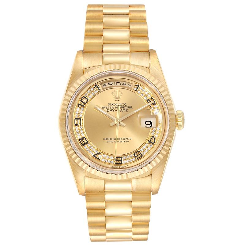 Rolex President Day-Date Yellow Gold Myriad Diamond Mens Watch 18238 Box Papers. Officially certified chronometer self-winding movement. 18k yellow gold oyster case 36.0 mm in diameter. Rolex logo on a crown. 18K yellow gold fluted bezel. Scratch