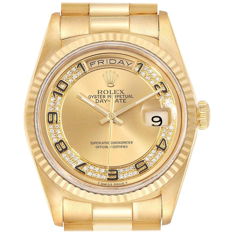 Rolex President Day-Date Yellow Gold Myriad Diamond Men's Watch 18238 Box Papers