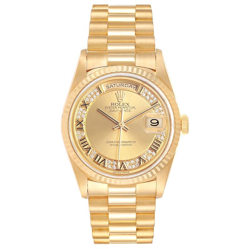 Rolex President Day-Date Yellow Gold Myriad Diamond Mens Watch 18238. Officially certified chronometer self-winding movement. 18k yellow gold oyster case 36.0 mm in diameter. Rolex logo on a crown. 18K yellow gold fluted bezel. Scratch resistant