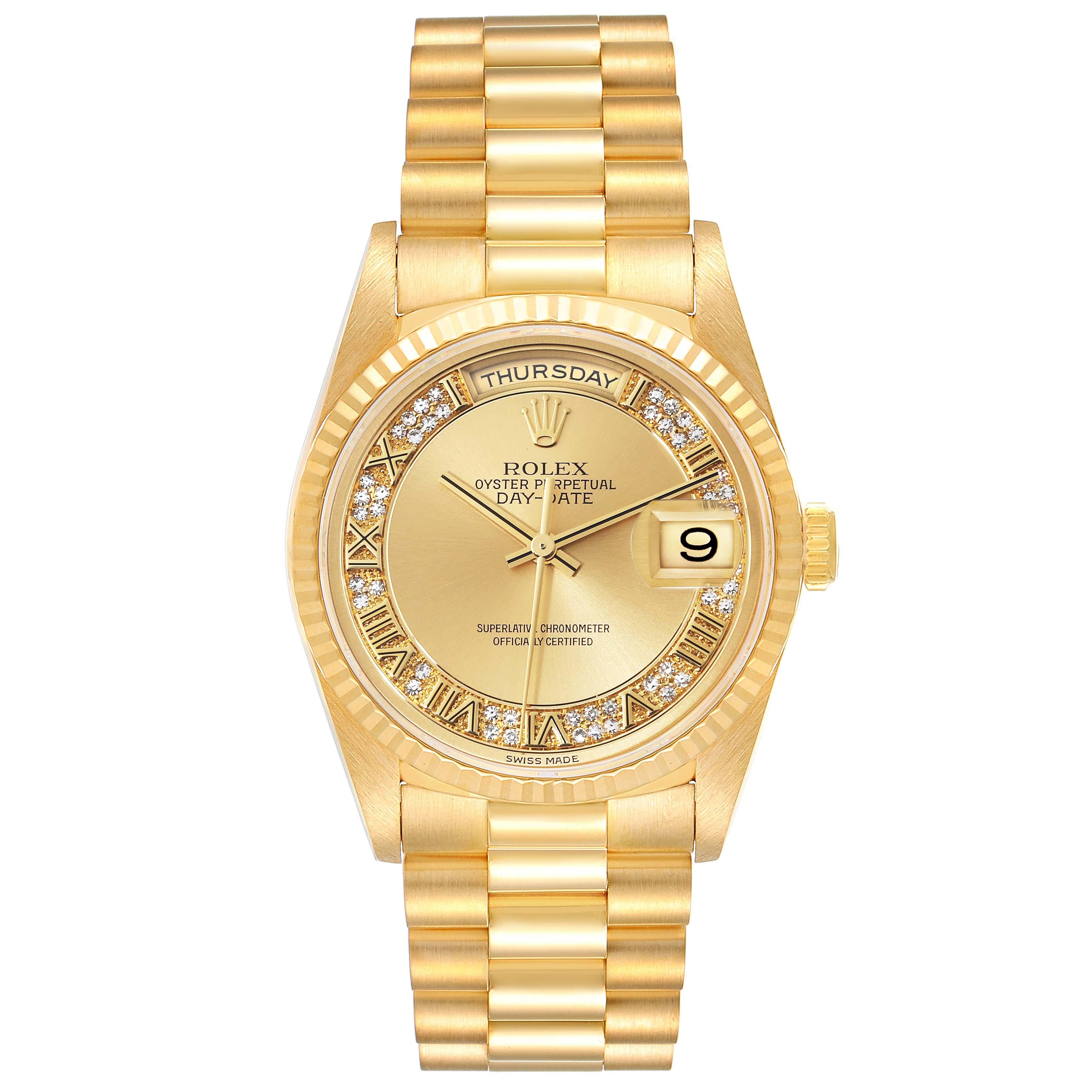 Rolex President Day-Date Yellow Gold Myriad Diamond Mens Watch 18238. Officially certified chronometer automatic self-winding movement. 18k yellow gold oyster case 36.0 mm in diameter. Rolex logo on a crown. 18k yellow gold fluted bezel. Scratch