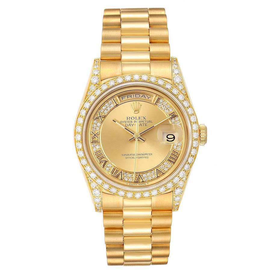 Rolex President Day-Date Yellow Gold Myriad Diamond Mens Watch 18388. Officially certified chronometer self-winding movement. 18k yellow gold oyster case 36.0 mm in diameter. Rolex logo on a crown. Rolex factory diamond lugs. Original Rolex factory