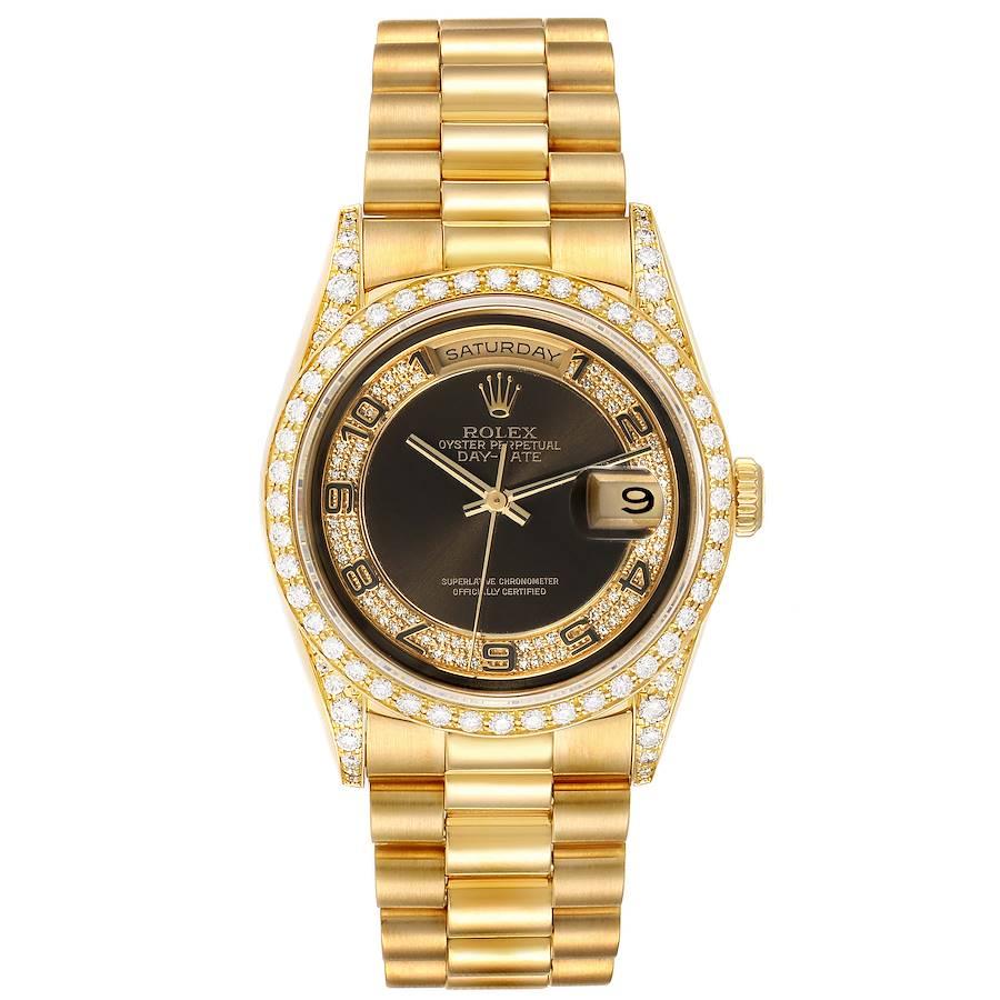 Rolex President Day-Date Yellow Gold Myriad Diamond Mens Watch 18388. Officially certified chronometer self-winding movement. 18k yellow gold oyster case 36.0 mm in diameter. Rolex logo on a crown. Rolex factory diamond lugs. Original Rolex factory