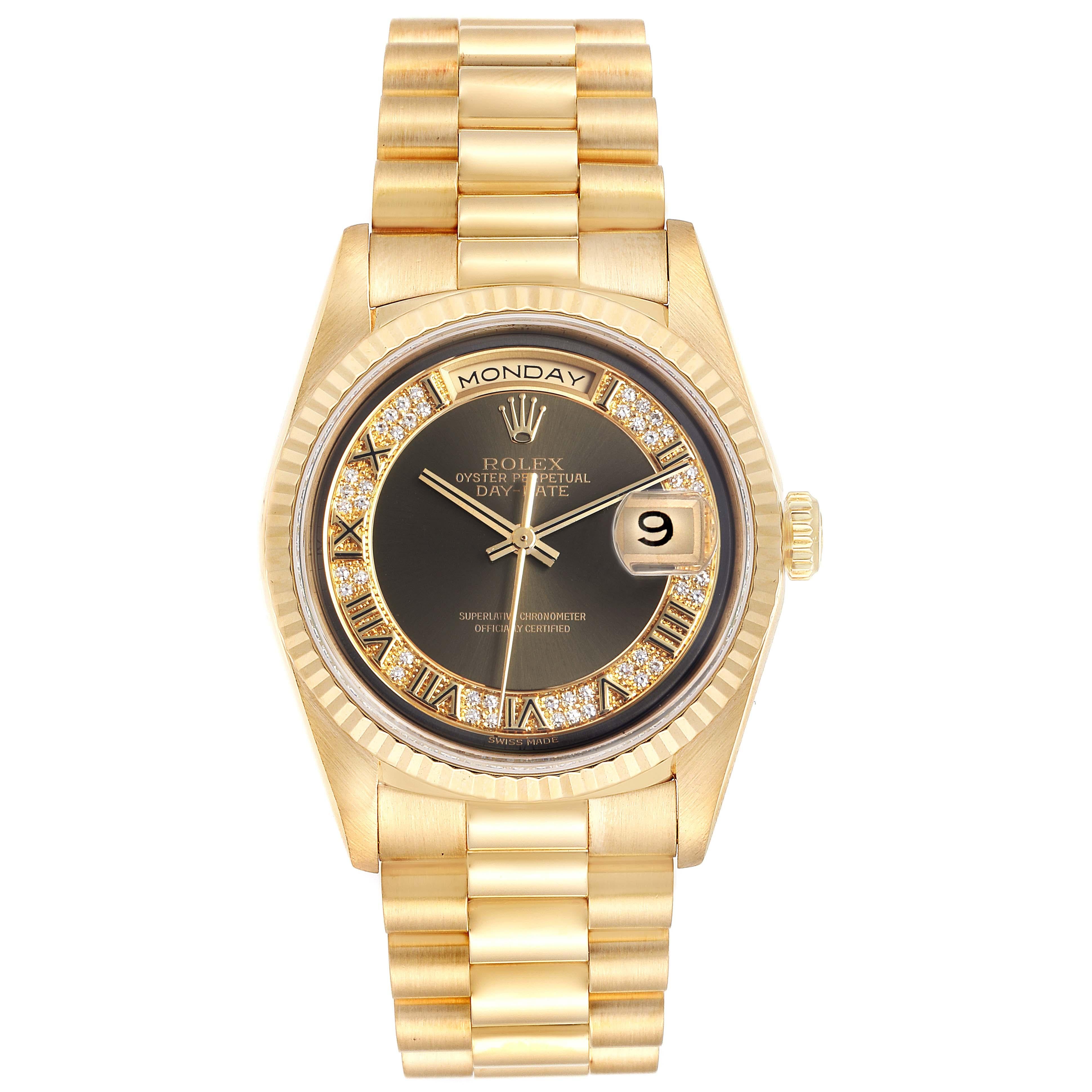Rolex President Day-Date Yellow Gold Myriad Diamonds Mens Watch 18238. Officially certified chronometer self-winding movement. double quick set function. 18k yellow gold oyster case 36.0 mm in diameter. Rolex logo on a crown. 18K yellow gold fluted