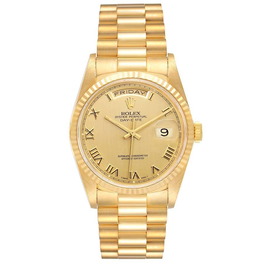 Rolex President Day-Date Yellow Gold Roman Dial Mens Watch 18238. Officially certified chronometer self-winding movement. 18k yellow gold oyster case 36.0 mm in diameter. Rolex logo on a crown. 18K yellow gold fluted bezel. Scratch resistant