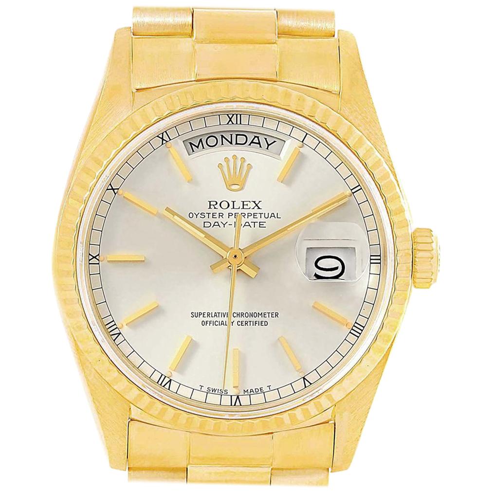 Rolex President Day-Date Yellow Gold Silver Dial Men's Watch 18038 For Sale