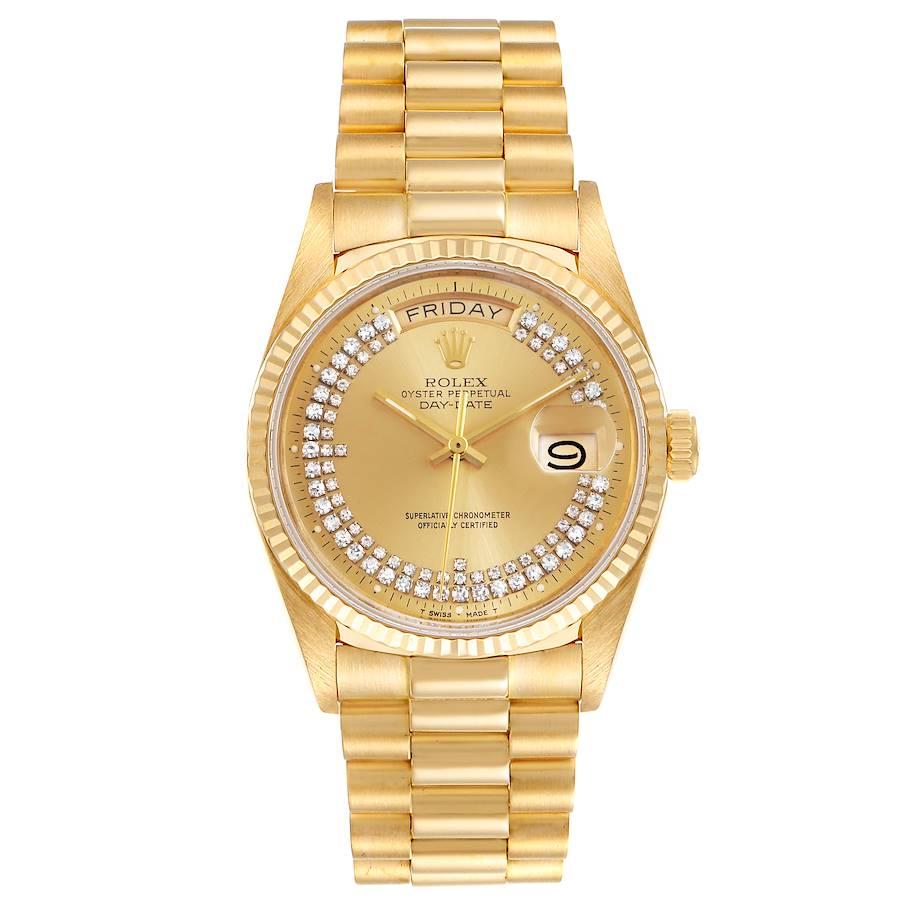 Rolex President Day-Date Yellow Gold String Diamond Dial Mens Watch 18038. Officially certified chronometer self-winding movement. 18k yellow gold oyster case 36 mm in diameter. Rolex logo on a crown. 18K yellow gold fluted bezel. Scratch resistant