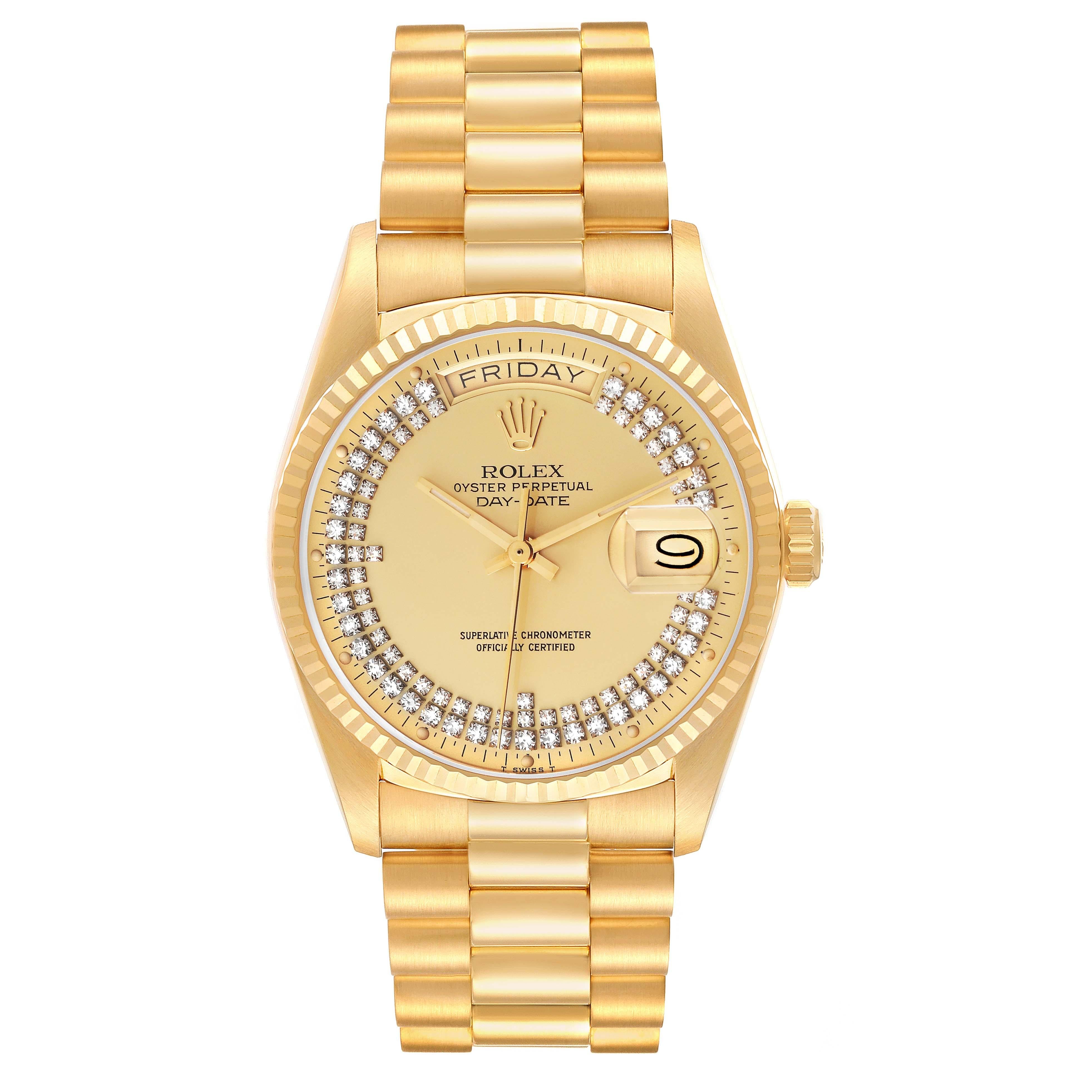 Rolex President Day-Date Yellow Gold String Diamond Dial Mens Watch 18038. Officially certified chronometer automatic self-winding movement. 18k yellow gold oyster case 36 mm in diameter. Rolex logo on a crown. 18K yellow gold fluted bezel. Scratch