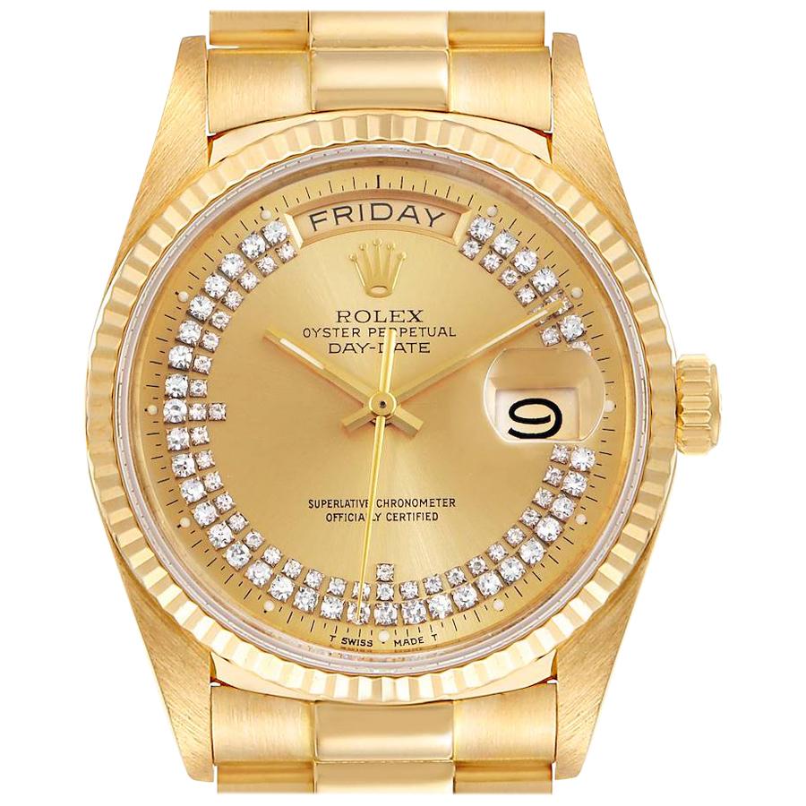 Rolex President Day-Date Yellow Gold String Diamond Dial Mens Watch 18038