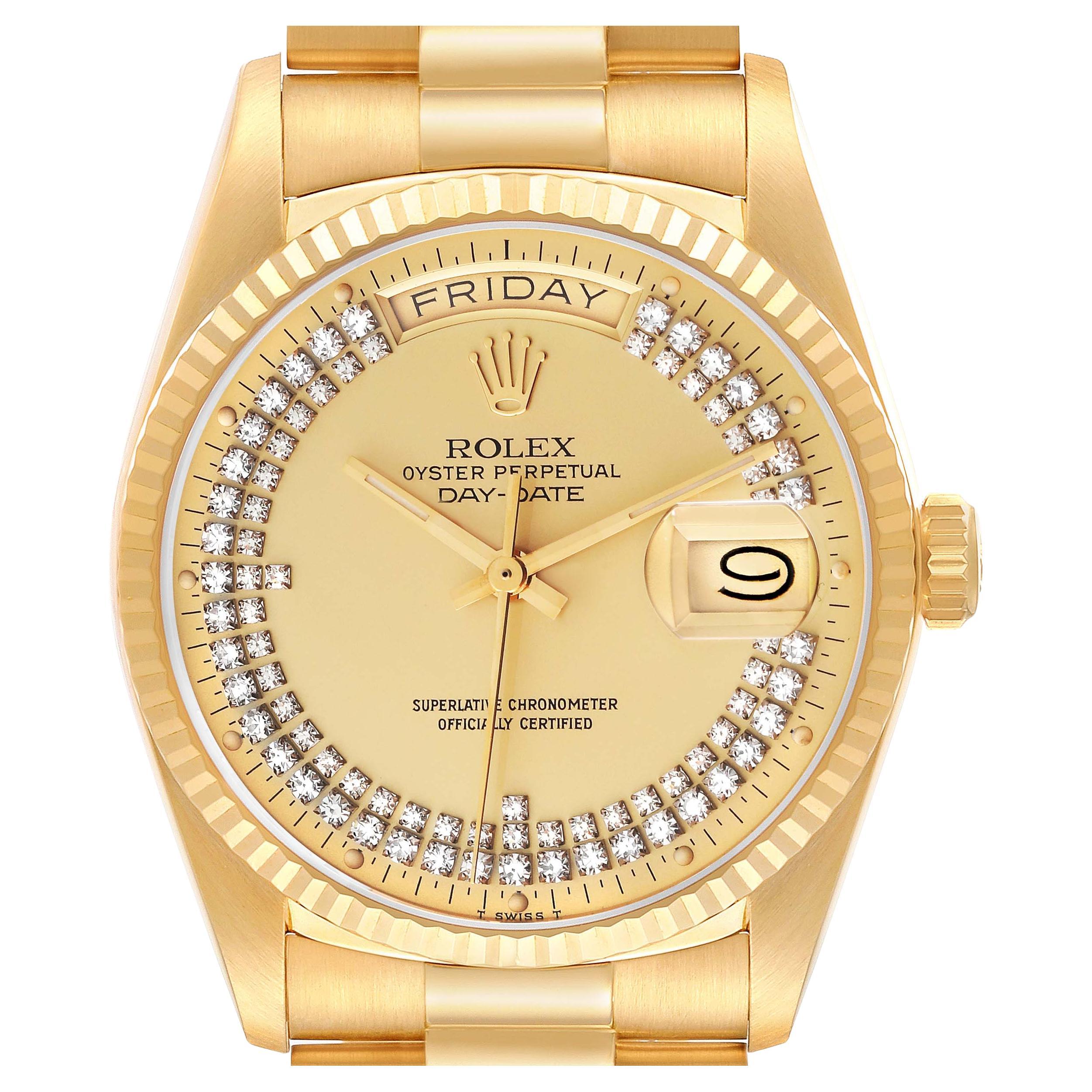 Rolex President Day-Date Yellow Gold String Diamond Dial Mens Watch 18038 For Sale