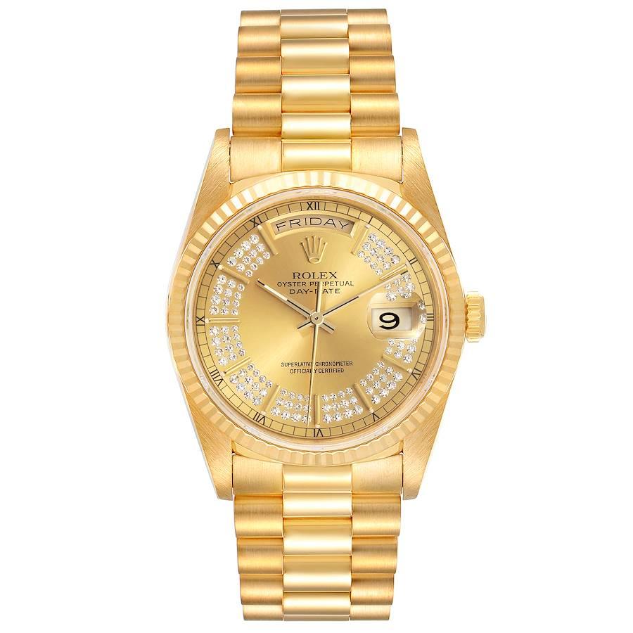 Rolex Präsident Day-Date Gelbgold String Diamond Dial Herrenuhr 18238. Offiziell zertifiziertes Chronometerwerk mit automatischem Aufzug. oyster-Gehäuse aus 18 Karat Gelbgold mit einem Durchmesser von 36::0 mm. Rolex-Logo auf einer Krone. geriffelte
