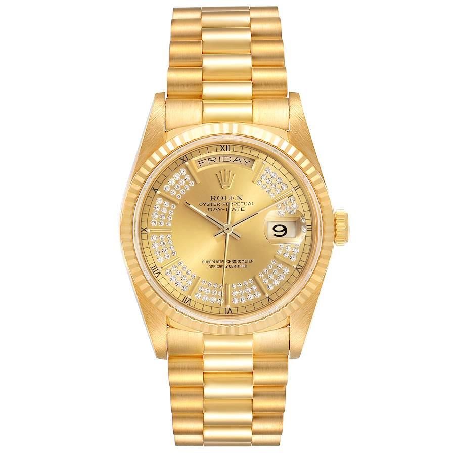 Rolex President Day-Date Yellow Gold String Diamond Dial Mens Watch 18238. Officially certified chronometer self-winding movement. 18k yellow gold oyster case 36.0 mm in diameter. Rolex logo on a crown. 18K yellow gold fluted bezel. Scratch