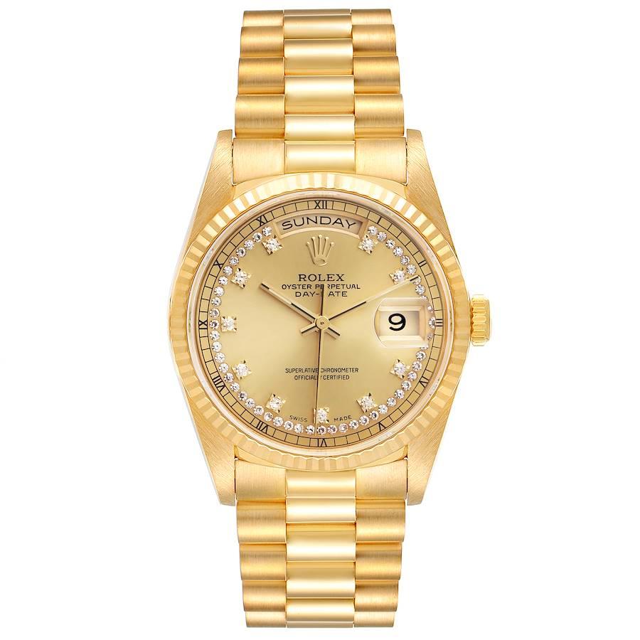 Rolex President Day-Date Yellow Gold String Diamond Dial Mens Watch 18238. Officially certified chronometer self-winding movement. 18k yellow gold oyster case 36.0 mm in diameter. Rolex logo on a crown. 18K yellow gold fluted bezel. Scratch