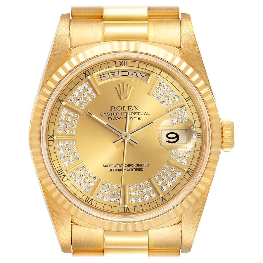 Rolex President Day-Date Yellow Gold String Diamond Dial Men's Watch 18238