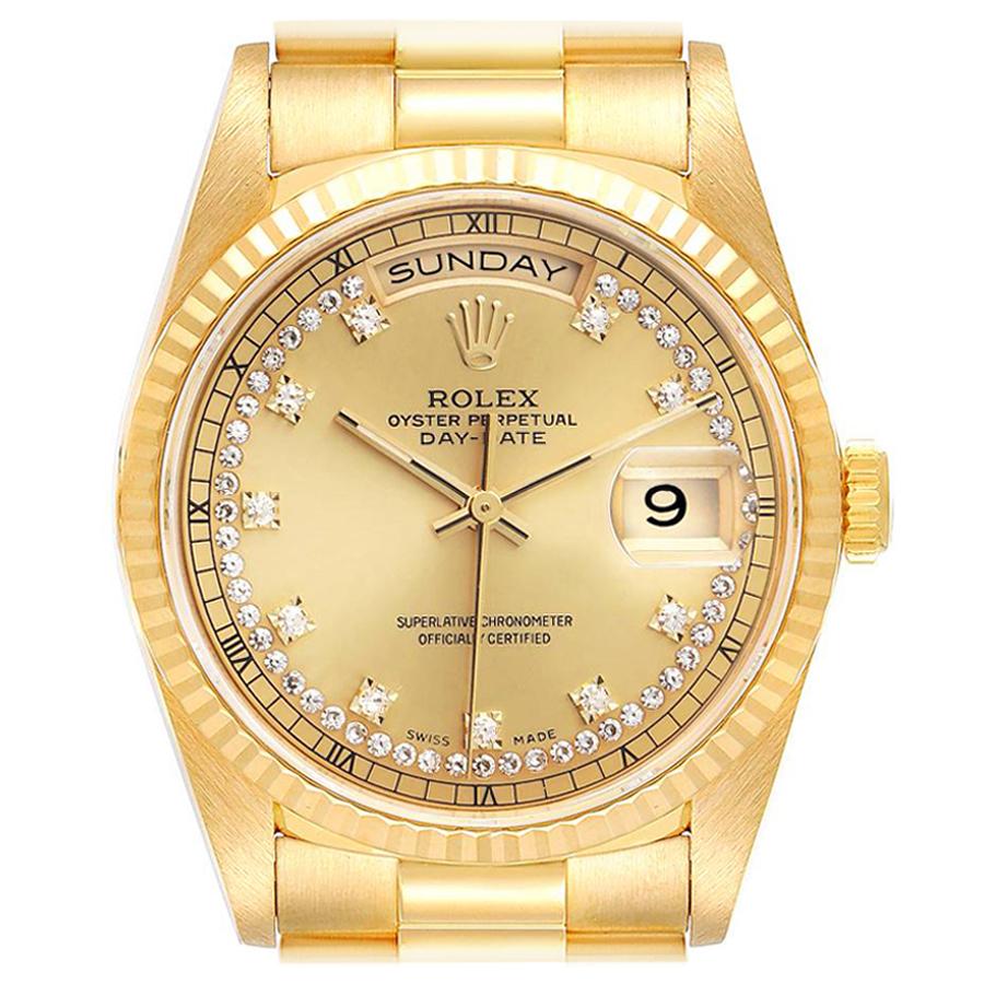 Rolex President Day-Date Yellow Gold String Diamond Dial Mens Watch 18238 For Sale