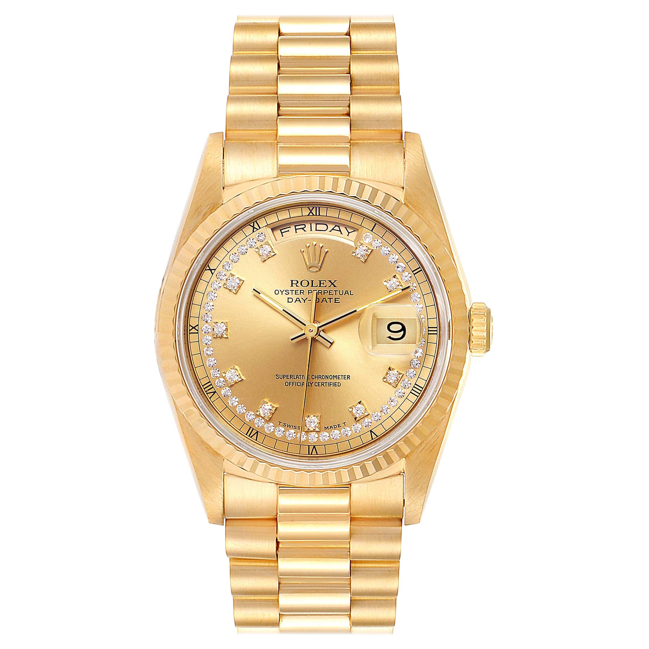 Rolex President Day-Date Yellow Gold String Diamond Dial Men's Watch 18238 For Sale