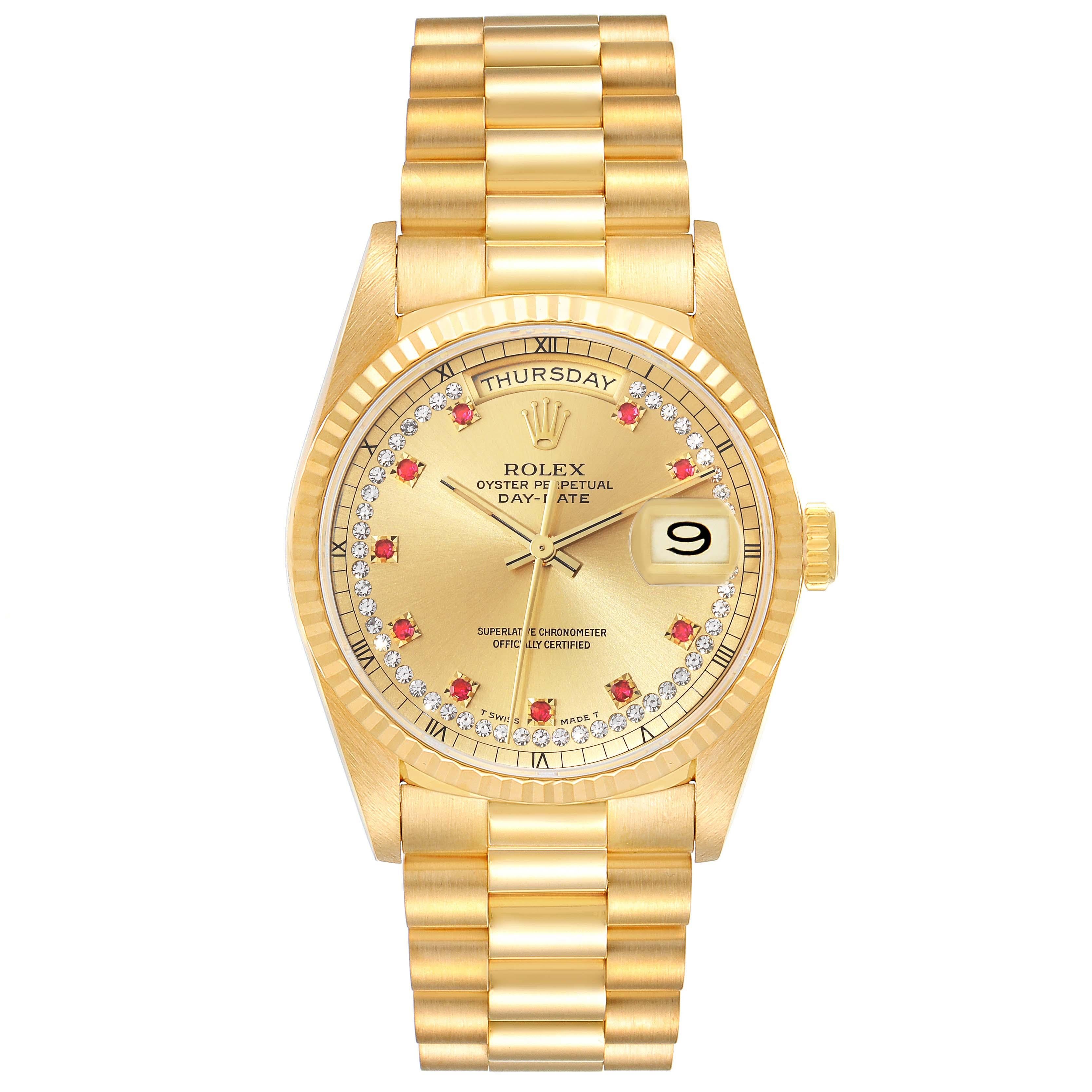Rolex Präsident Day-Date Gelbgold String Diamond Ruby Dial Herrenuhr 18238. Offiziell zertifiziertes Chronometerwerk mit automatischem Aufzug. Oyster-Gehäuse aus 18 Karat Gelbgold mit einem Durchmesser von 36,0 mm. Rolex Logo auf einer Krone.