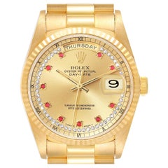 Rolex President Day-Date Yellow Gold String Diamond Ruby Dial Mens Watch 18238