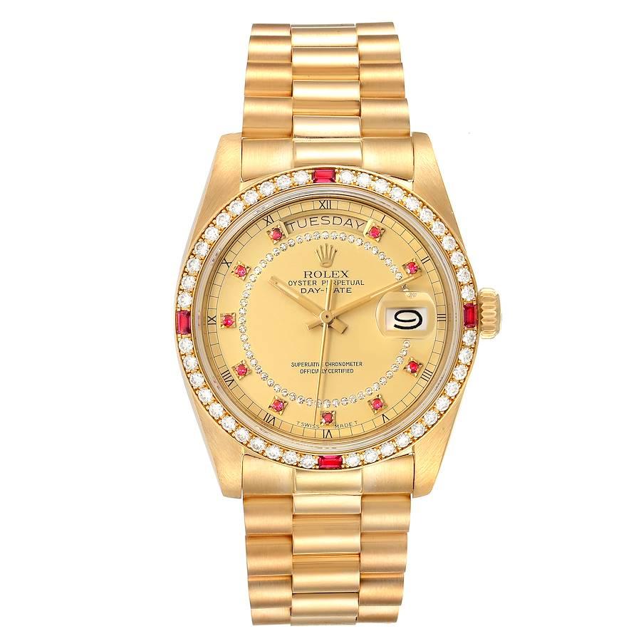 Rolex President Day-Date Yellow Gold String Diamond Ruby Dial Watch 18148. Officially certified chronometer self-winding movement. 18k yellow gold oyster case 36.0 mm in diameter.  Rolex logo on a crown. Original Rolex factory diamond and ruby