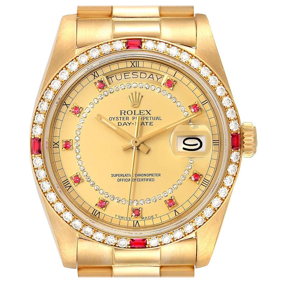 Rolex President Day-Date Yellow Gold String Diamond Ruby Dial Watch 18148