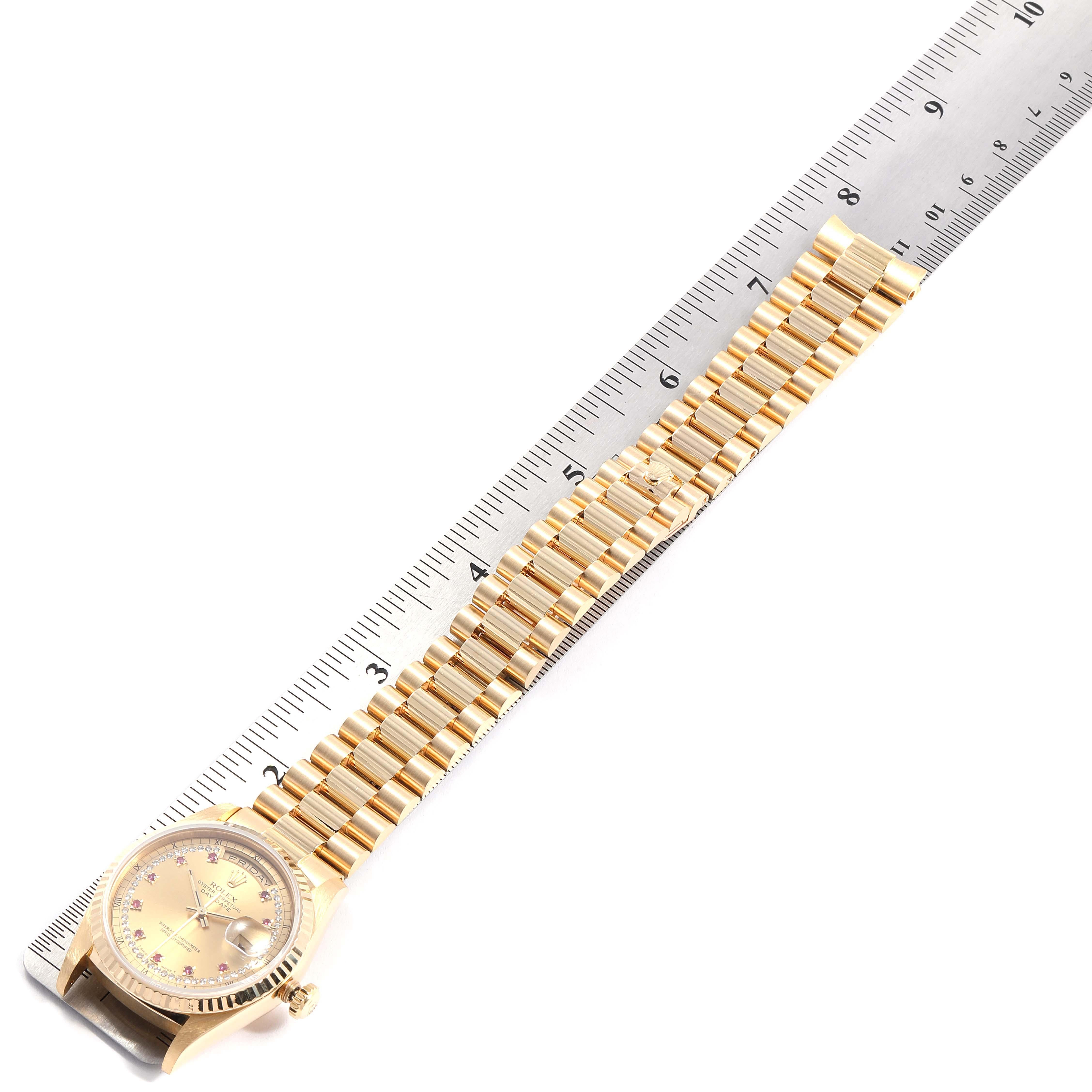 Rolex President Day-Date Yellow Gold String Diamond Ruby Dial Watch 18238 For Sale 6