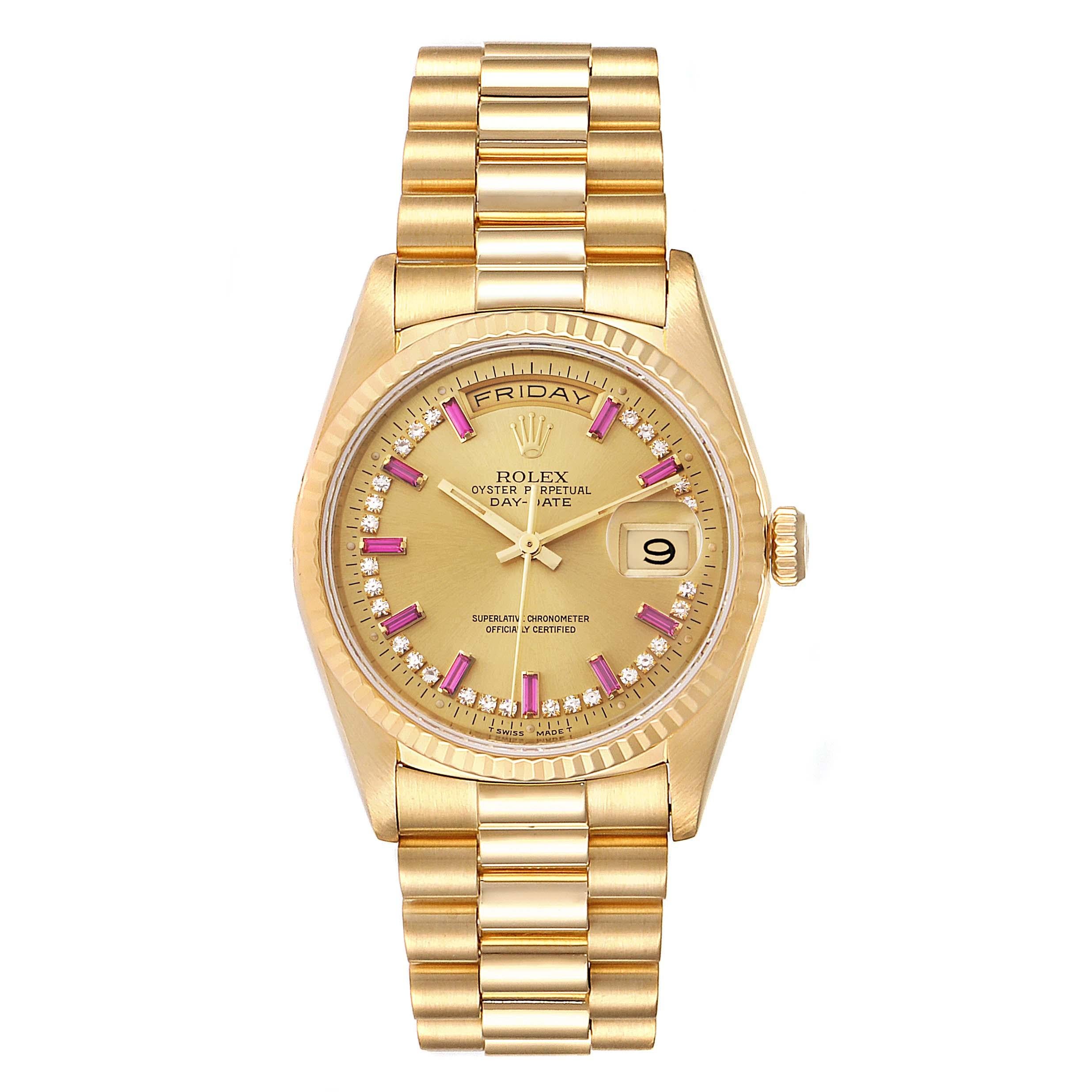 Rolex President Day-Date Yellow Gold String Diamond Ruby Dial Watch 18238. Officially certified chronometer self-winding movement. 18k yellow gold oyster case 36.0 mm in diameter. Rolex logo on a crown. 18K yellow gold fluted bezel. Scratch
