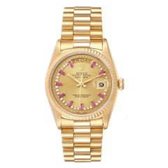 Rolex President Day-Date Yellow Gold String Diamond Ruby Dial Watch 18238