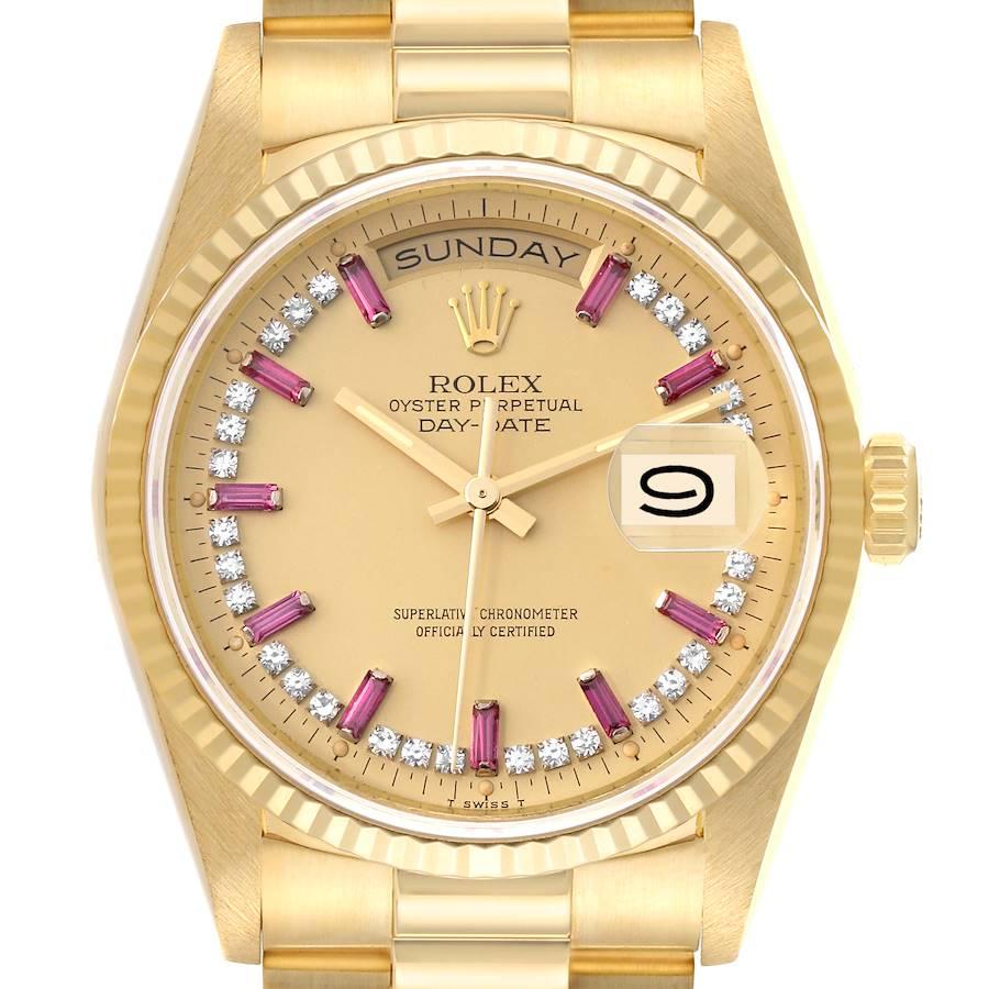 Rolex President Day-Date Yellow Gold String Diamond Ruby Dial Watch 18238. Officially certified chronometer self-winding movement. 18k yellow gold oyster case 36.0 mm in diameter. Rolex logo on a crown. 18K yellow gold fluted bezel. Scratch
