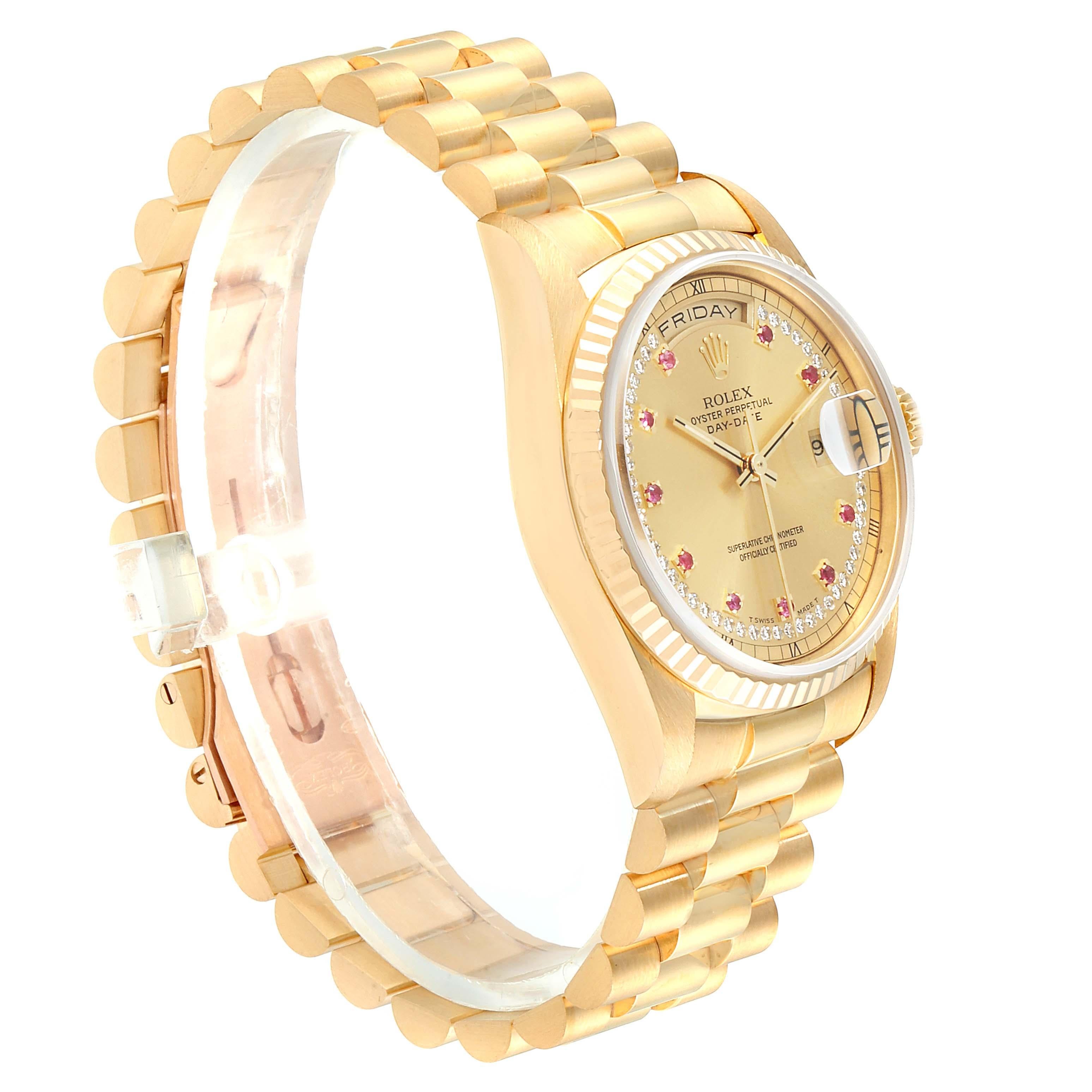Rolex President Day-Date Yellow Gold String Diamond Ruby Dial Watch 18238 In Excellent Condition For Sale In Atlanta, GA