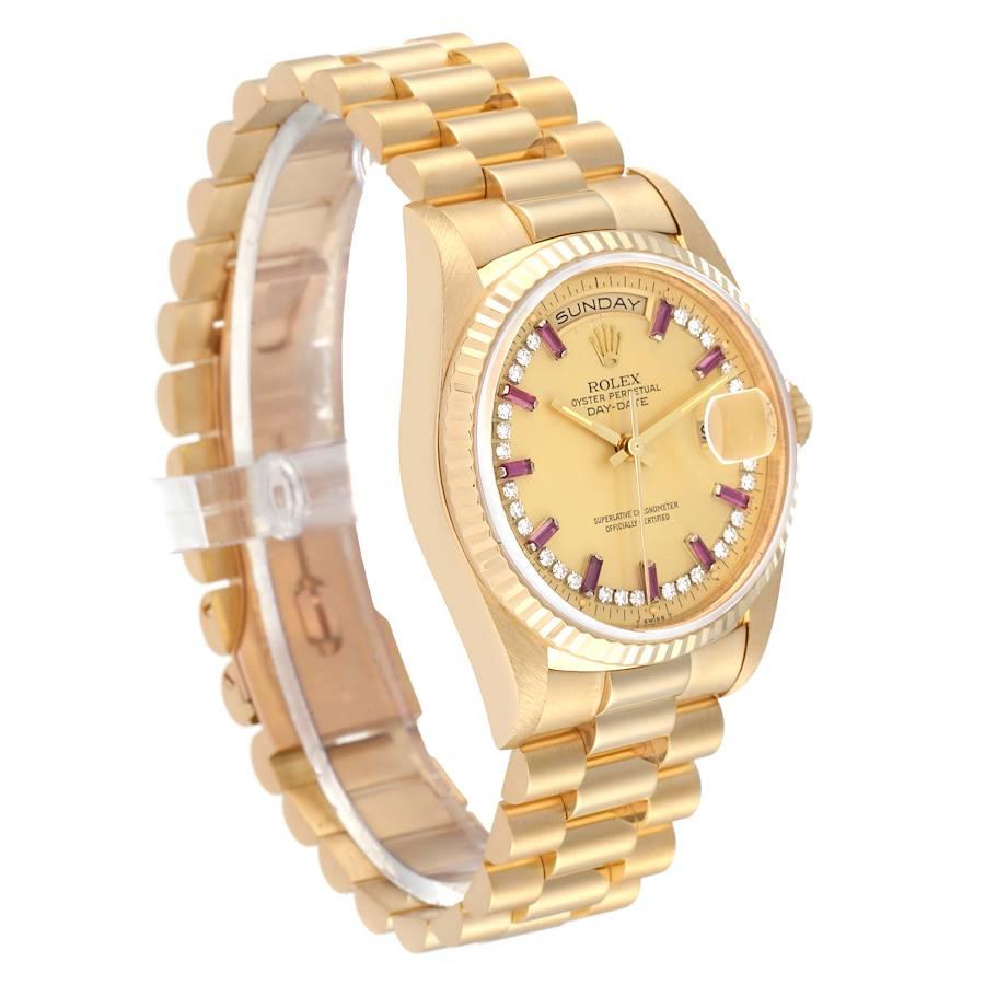 Rolex President Day-Date Yellow Gold String Diamond Ruby Dial Watch 18238 In Excellent Condition In Atlanta, GA