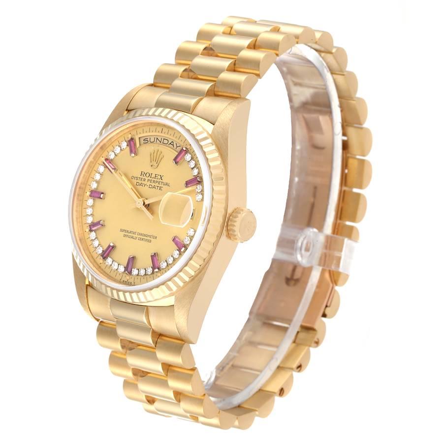 Men's Rolex President Day-Date Yellow Gold String Diamond Ruby Dial Watch 18238