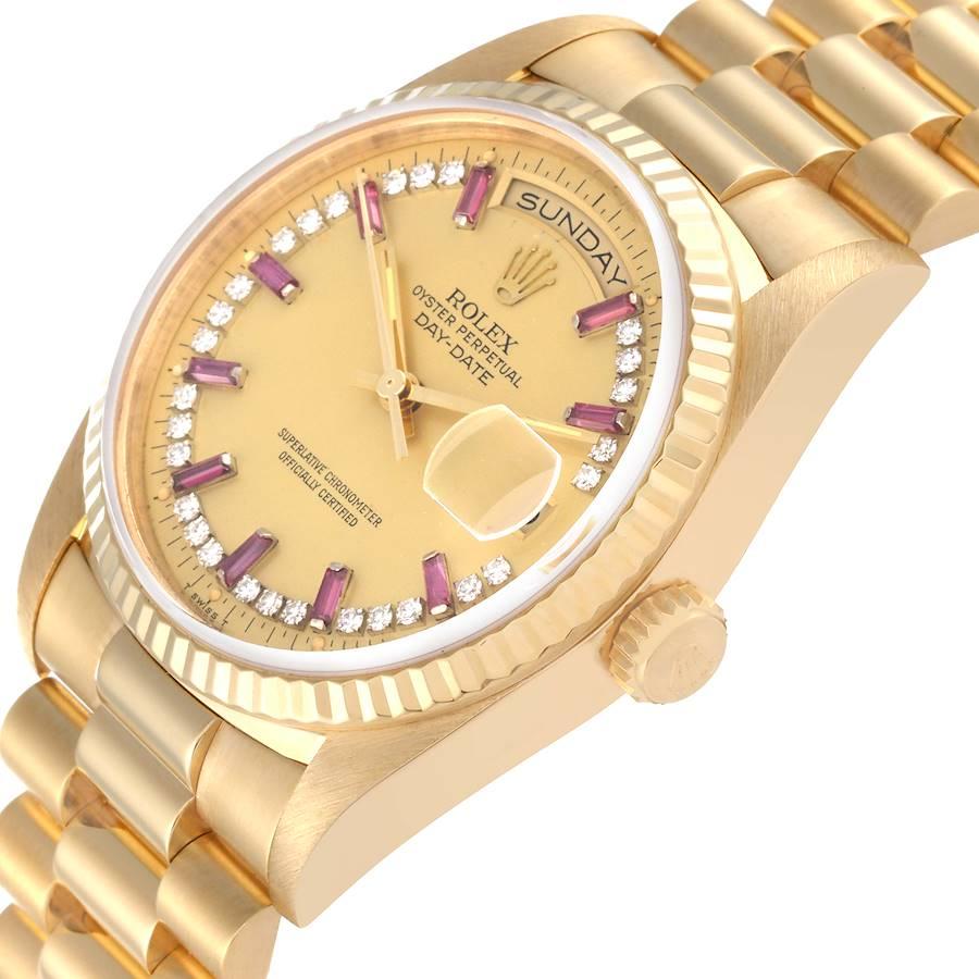 Rolex President Day-Date Yellow Gold String Diamond Ruby Dial Watch 18238 1